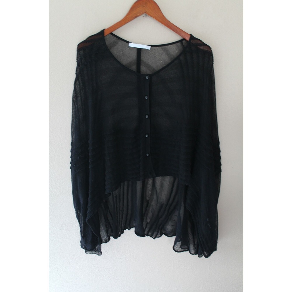 Les Copains‎ Womens Black Scoop Neck Ruffle Button Down Sweater sz S YJ01 - Picture 2 of 6